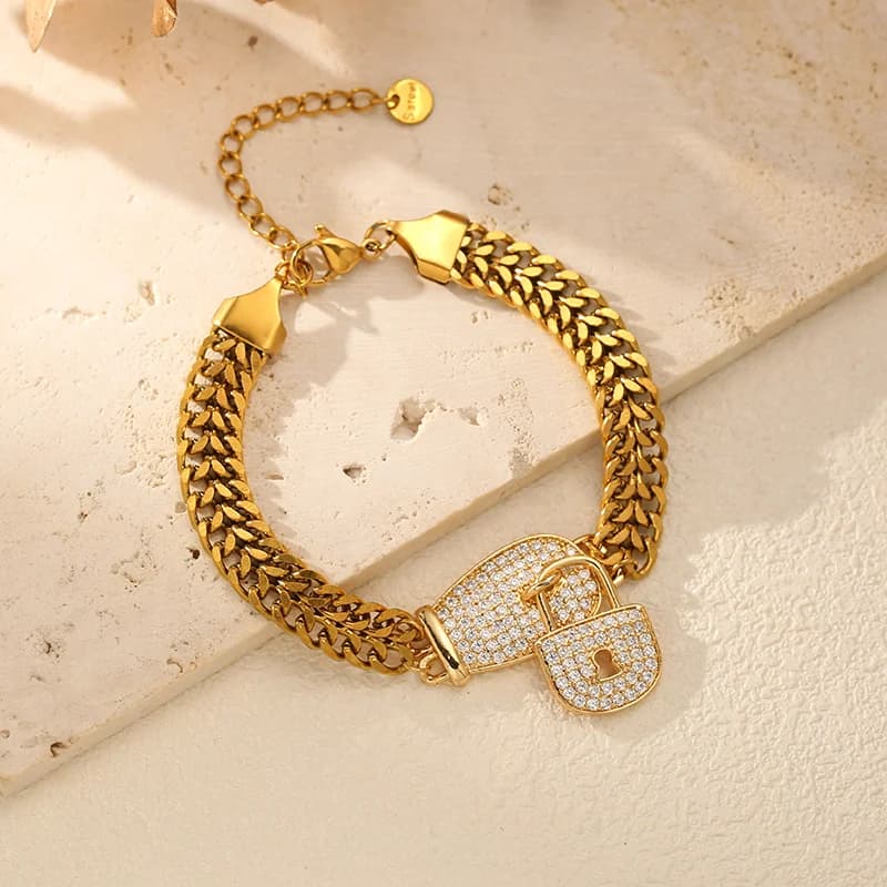 Stainless Steel Rhinestone Lock Charm Bracelet