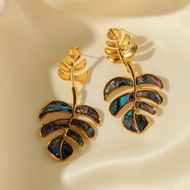 Palm Leaves Drop Dangle Earrings, Gold Plated