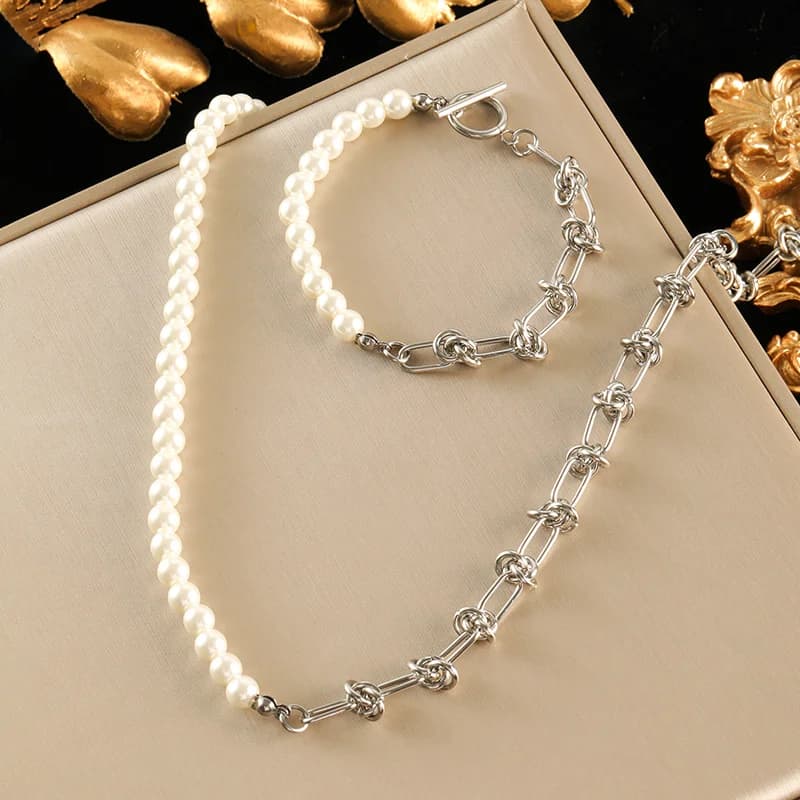 Asymmetrisk pärlhalskedja och armband set, silver