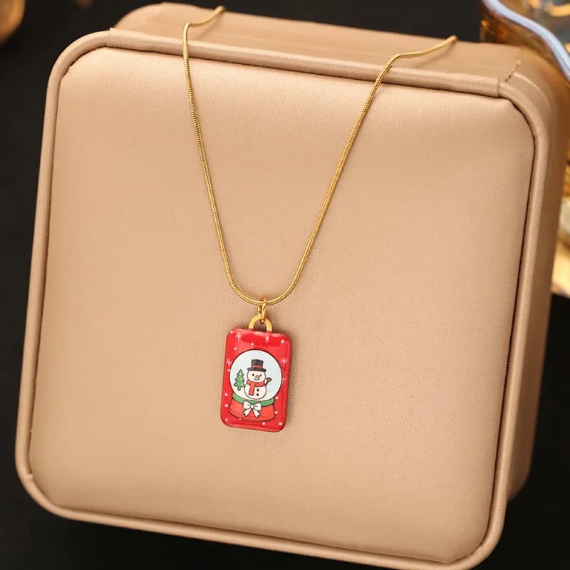 Round Christmas Tree Enamel Pendant Necklace