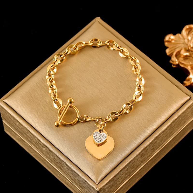 Halsband och armband set med dubbla hjärtan, silver