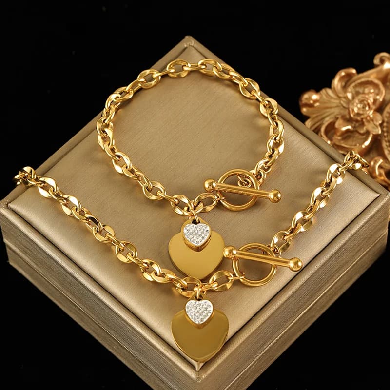 Halsband och armband set med dubbla hjärtan, silver
