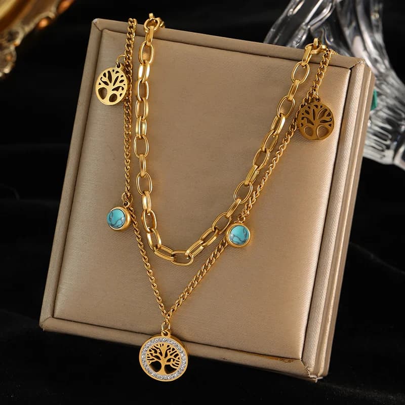 Multilayer Green Stone Pendant Choker Necklace