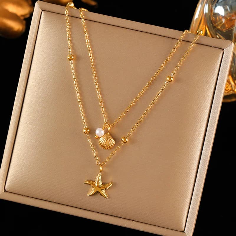 Starfish Shell Pearl Pendant Necklace and Earring Set