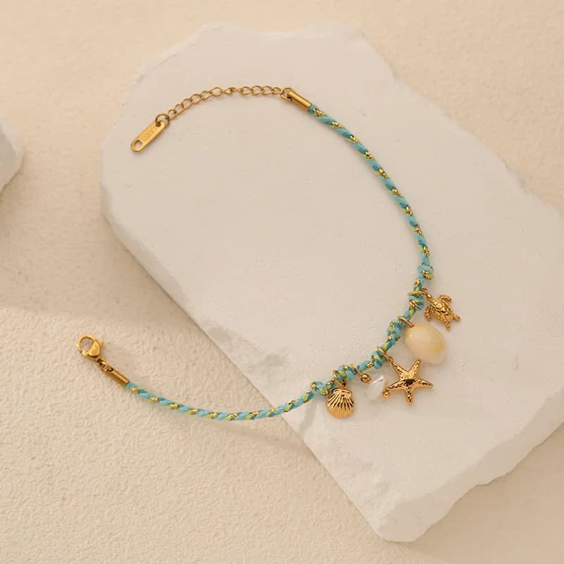 Starfish and Shell Charm Bracelet with Cord Chain